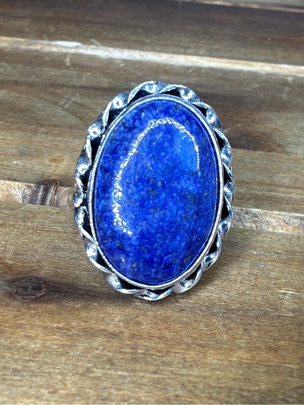 Western Style Vintage Blue Lapis Gemstone Ring Size 8.5 Silver 925 Southwestern